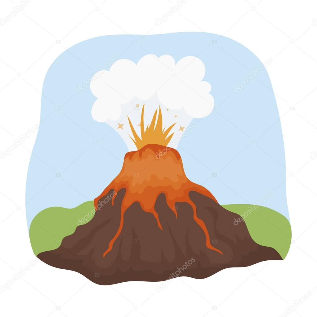 Volcano eruption icon in cartoon design isolated on white background. Dinosaurs and prehistoric symbol stock vector illustration.