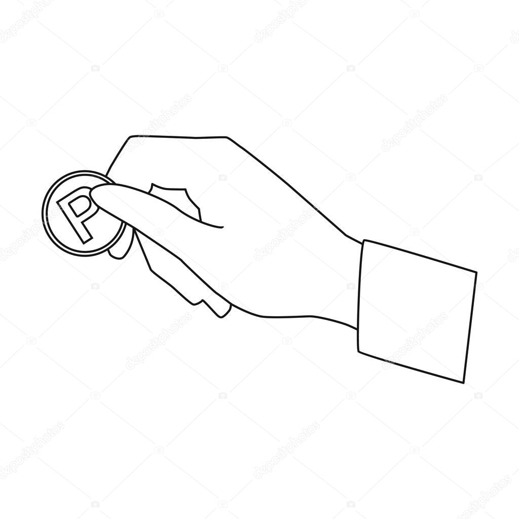 Hand holding coin for parking meter icon in outline style isolated on white background. Parking zone symbol stock vector illustration.