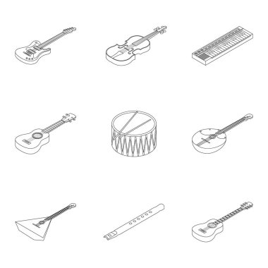 Müzik aletleri simgeleri anahat stilinde ayarlayın. Büyük müzik aletleri koleksiyonu sembol stok illüstrasyon vektör