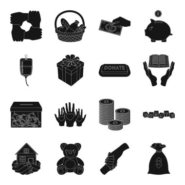 Yardım ve bağış simgeler siyah tarzında ayarlayın. Yardım ve bağış vektör simge stok illüstrasyon büyük toplama