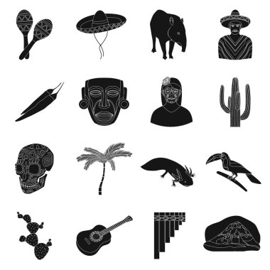 Meksika ülke simgeler siyah tarzında ayarlayın. Meksika ülke vektör simge stok çizim büyük toplama