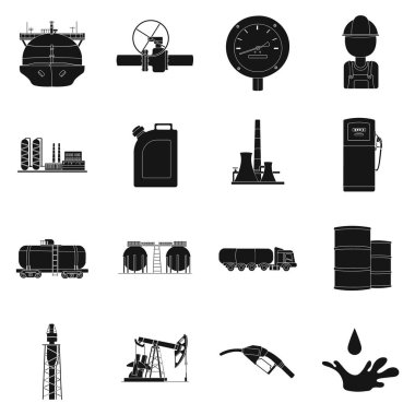 Petrol sanayi siyah tarzında Icons set. Petrol sanayi vektör simge stok çizim büyük toplama