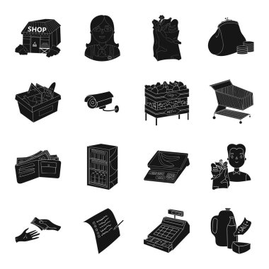 Süpermarket simgeler siyah tarzında ayarlayın. Büyük süpermarket vektör simge stok illüstrasyon topluluğu