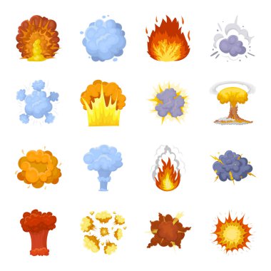 Patlamalar karikatür tarzı simgeleri ayarlayın. Büyük patlamalar topluluğu sembol stok illüstrasyon vektör