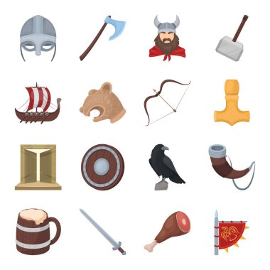 Vikingler çizgi film tarzı simgeleri ayarlayın. Vikingler büyük toplama sembol stok illüstrasyon vektör