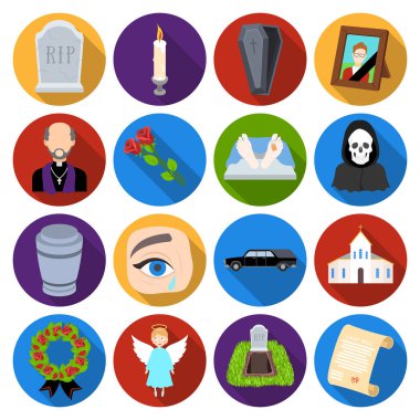 Cenaze töreni simgeler düz stil ayarlayın. Cenaze töreni vektör simge stok çizim büyük toplama
