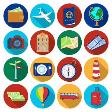 Dinlenme ve seyahat simgeler düz stil ayarlayın. Dinlenme ve seyahat vektör simge stok illüstrasyon büyük toplama