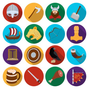 Vikingler simgeler düz stil ayarlayın. Vikingler büyük toplama sembol stok illüstrasyon vektör