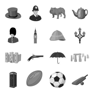 İngiltere'de ülke tek renkli bir tarzda Icons set. İngiltere'de ülke vektör simge stok çizim büyük toplama