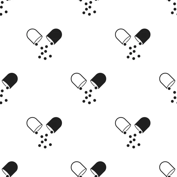 Het pictogram van de pil in zwarte stijl geïsoleerd op een witte achtergrond. Geneeskunde en ziekenhuis patroon voorraad vectorillustratie. — Stockvector