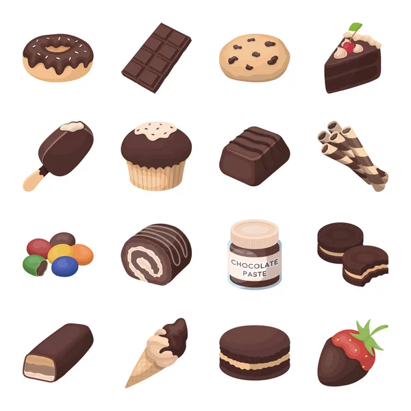 Desserts au chocolat mis icônes dans le style de dessin animé. Grande collection de desserts au chocolat illustration de stock de symbole vectoriel — Image vectorielle
