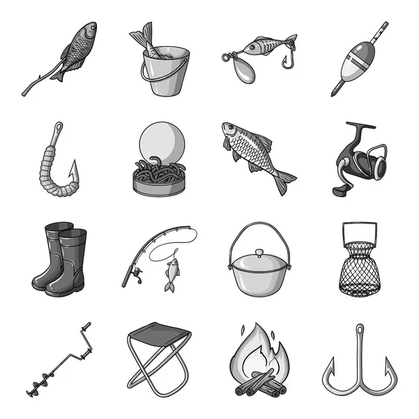 Conjunto de iconos de pesca en estilo monocromo. Gran colección de pesca vector símbolo stock ilustración — Vector de stock