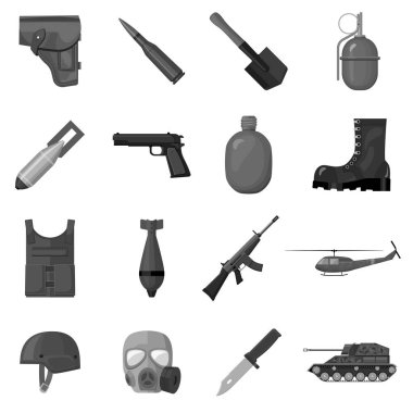 Askeri ve ordu simgeleri tek renkli bir tarzda ayarlayın. Askeri büyük toplama ve ordu sembol stok illüstrasyon vektör