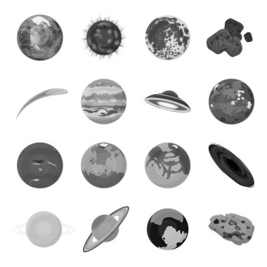 Gezegenler, tek renkli bir tarzda Icons set. Büyük koleksiyon gezegenlerin sembol stok illüstrasyon vektör