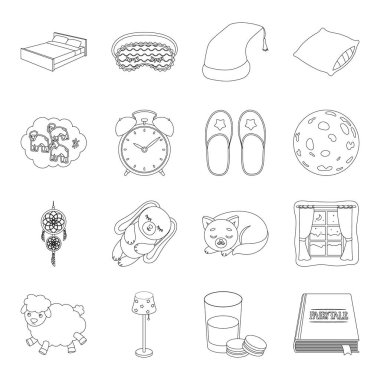 Uyku ve dinlenme simgeleri anahat stilinde ayarlayın. Uyku ve dinlenme vektör simge stok illüstrasyon büyük toplama