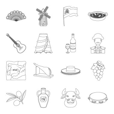 İspanya ülke simgeleri anahat stilinde ayarlayın. İspanya ülke vektör simge stok çizim büyük toplama