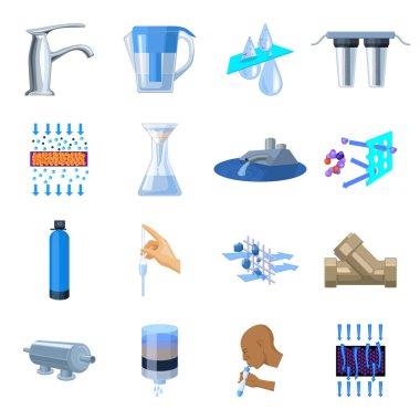 Su filtrasyon sistemi, karikatür tarzı simgeleri ayarlayın. Su filtrasyon sistemi vektör simge stok illüstrasyon büyük toplama