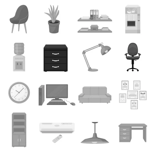 Kantoormeubilair en interieur stel pictogrammen in zwart-wit stijl. Grote verzameling van kantoormeubilair en interieur vector symbool stock illustratie — Stockvector