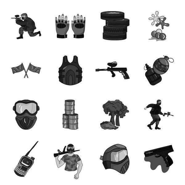 Paintball establece iconos en estilo monocromo. Gran colección de paintball vector símbolo stock ilustración — Archivo Imágenes Vectoriales