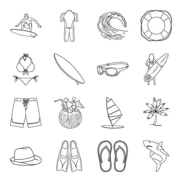 Jeu de surf icônes dans le style contour. Grande collection de symbole vectoriel de surf illustration de stock — Image vectorielle