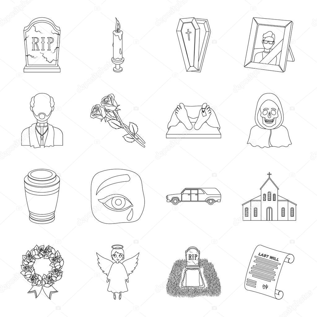 Funeral ceremony set icons in outline design. Big collection of funeral ceremony vector symbol stock illustration