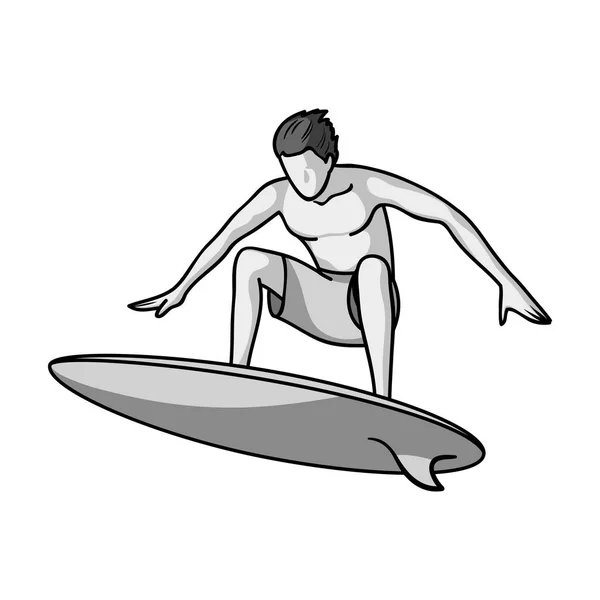 Surfer in actie pictogram in zwart-wit stijl geïsoleerd op een witte achtergrond. Surfen symbool voorraad vectorillustratie. — Stockvector
