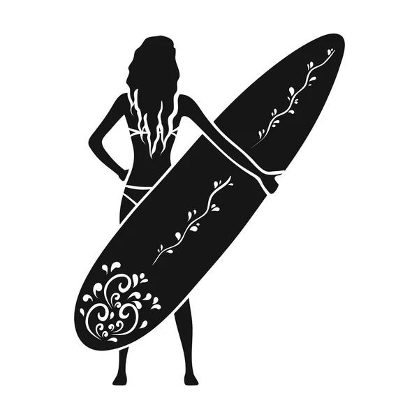 Meisje houdt een surfplank pictogram in zwarte stijl geïsoleerd op een witte achtergrond. Surfen symbool voorraad vectorillustratie. — Stockvector