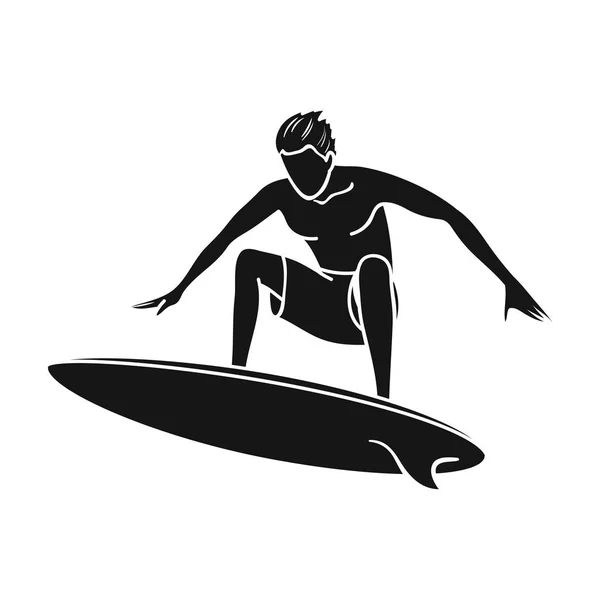 Surfer in Action-Ikone im schwarzen Stil isoliert auf weißem Hintergrund. Surfen Symbol Aktienvektor Illustration. — Stockvektor