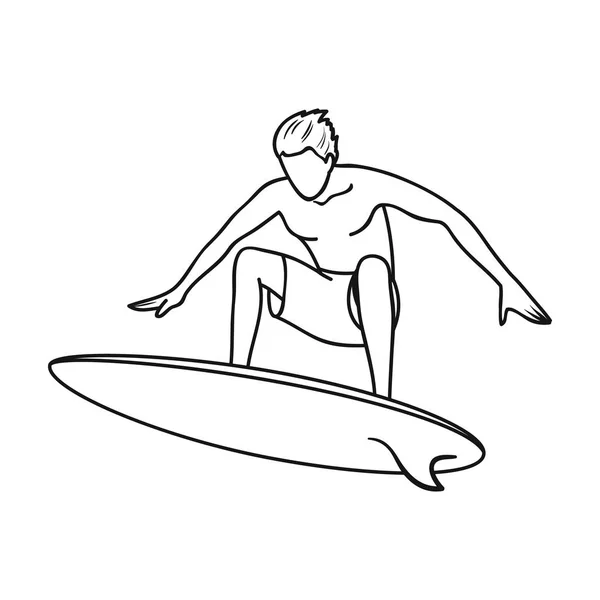 Icona Surfer in action in stile contorno isolato su sfondo bianco. Simbolo surf stock illustrazione vettoriale . — Vettoriale Stock