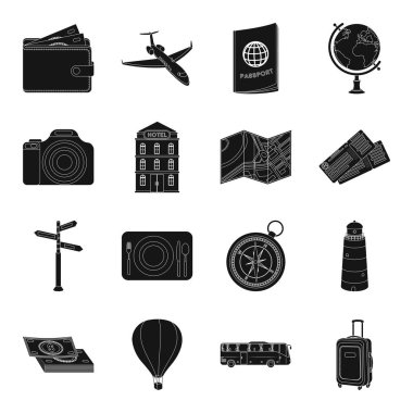Dinlenme ve seyahat simgeler siyah tarzında ayarlayın. Dinlenme ve seyahat vektör simge stok illüstrasyon büyük toplama
