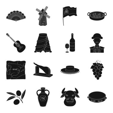 İspanya ülke simgeler siyah tarzında ayarlayın. İspanya ülke vektör simge stok çizim büyük toplama