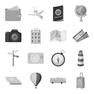 Dinlenme ve seyahat simgeleri tek renkli bir tarzda ayarlayın. Dinlenme ve seyahat vektör simge stok illüstrasyon büyük toplama