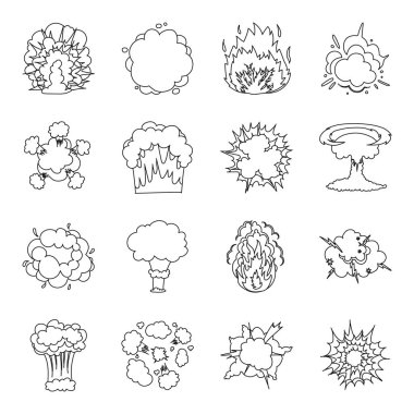Patlamalar simgeleri anahat stilinde ayarlayın. Büyük patlamalar topluluğu sembol stok illüstrasyon vektör