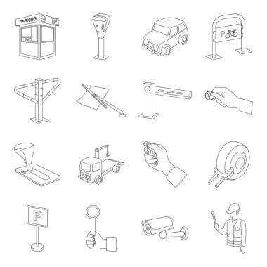 Parking bölge simgeleri anahat stilinde ayarlayın. Bölge vektör simge stok illüstrasyon park yeri büyük koleksiyonu