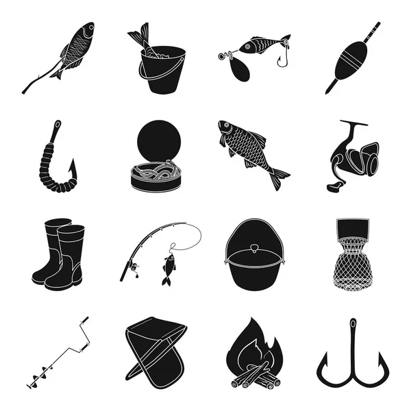 Iconos conjunto de pesca en estilo negro. Gran colección de pesca vector símbolo stock ilustración — Vector de stock