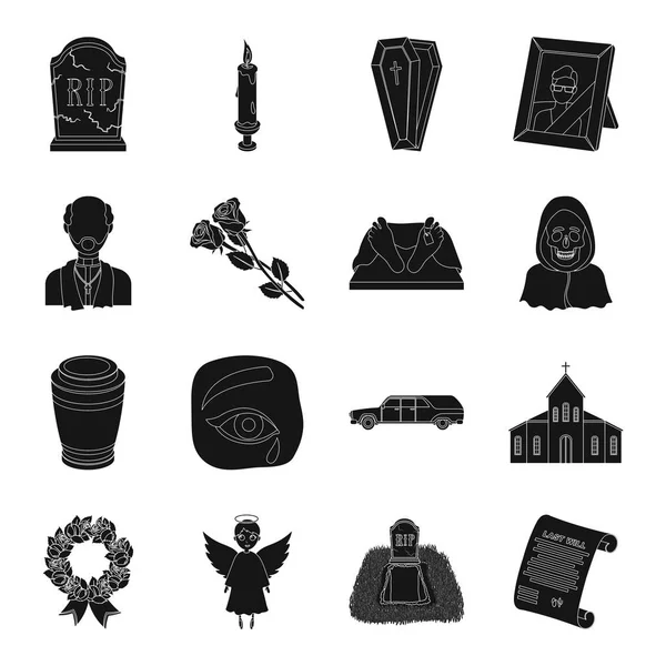 Похоронные церемонии устанавливают иконы в черном стиле. Большая коллекция векторных иллюстраций церемонии похорон — стоковый вектор