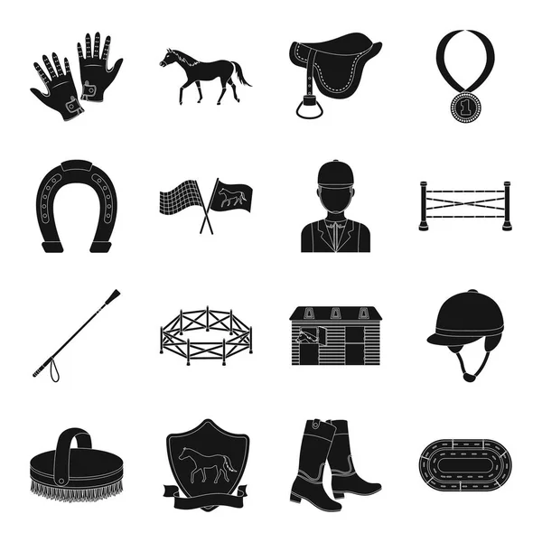 Hippodrom und Pferd setzen Ikonen im schwarzen Stil. Große Sammlung von Hippodrom und Pferdevektorsymbolen — Stockvektor