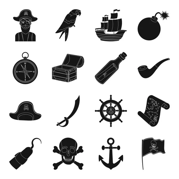 海賊団は、黒のスタイルでアイコンを設定します。海賊の大きなコレクション ベクトル シンボル ストック イラスト — ストックベクタ