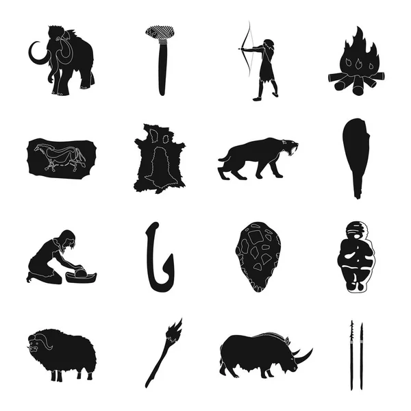 Edad de piedra establecer iconos en el estilo negro. Gran colección de la edad de piedra vector símbolo stock ilustración — Vector de stock