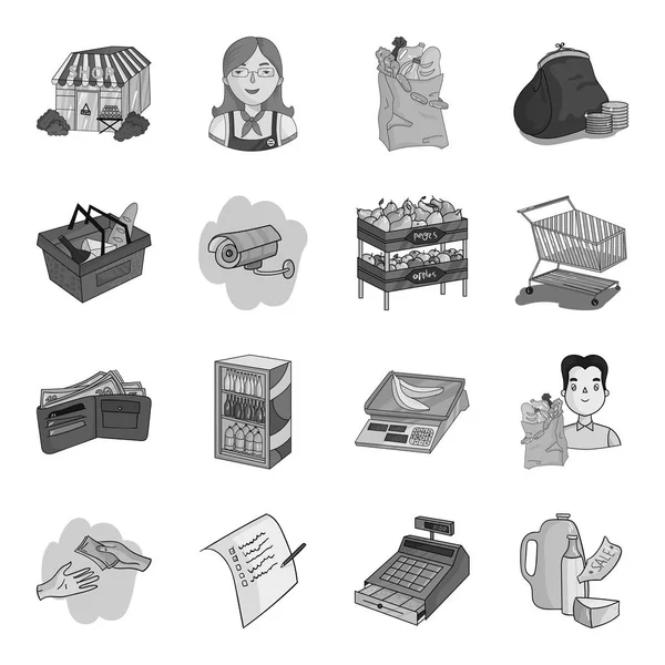 Supermarkt stel pictogrammen in zwart-wit stijl. Grote verzameling van supermarkt vector symbool stock illustratie — Stockvector