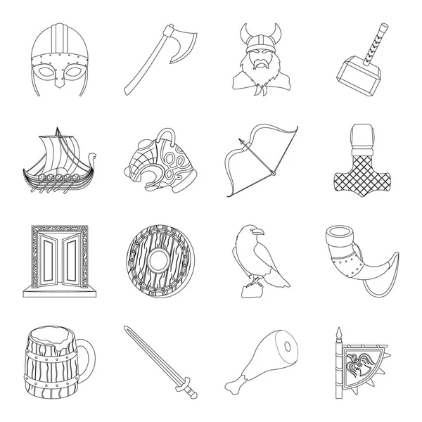 Vikings définir des icônes dans le style de contour. Grande collection de vikings vectoriel symbole illustration stock — Image vectorielle