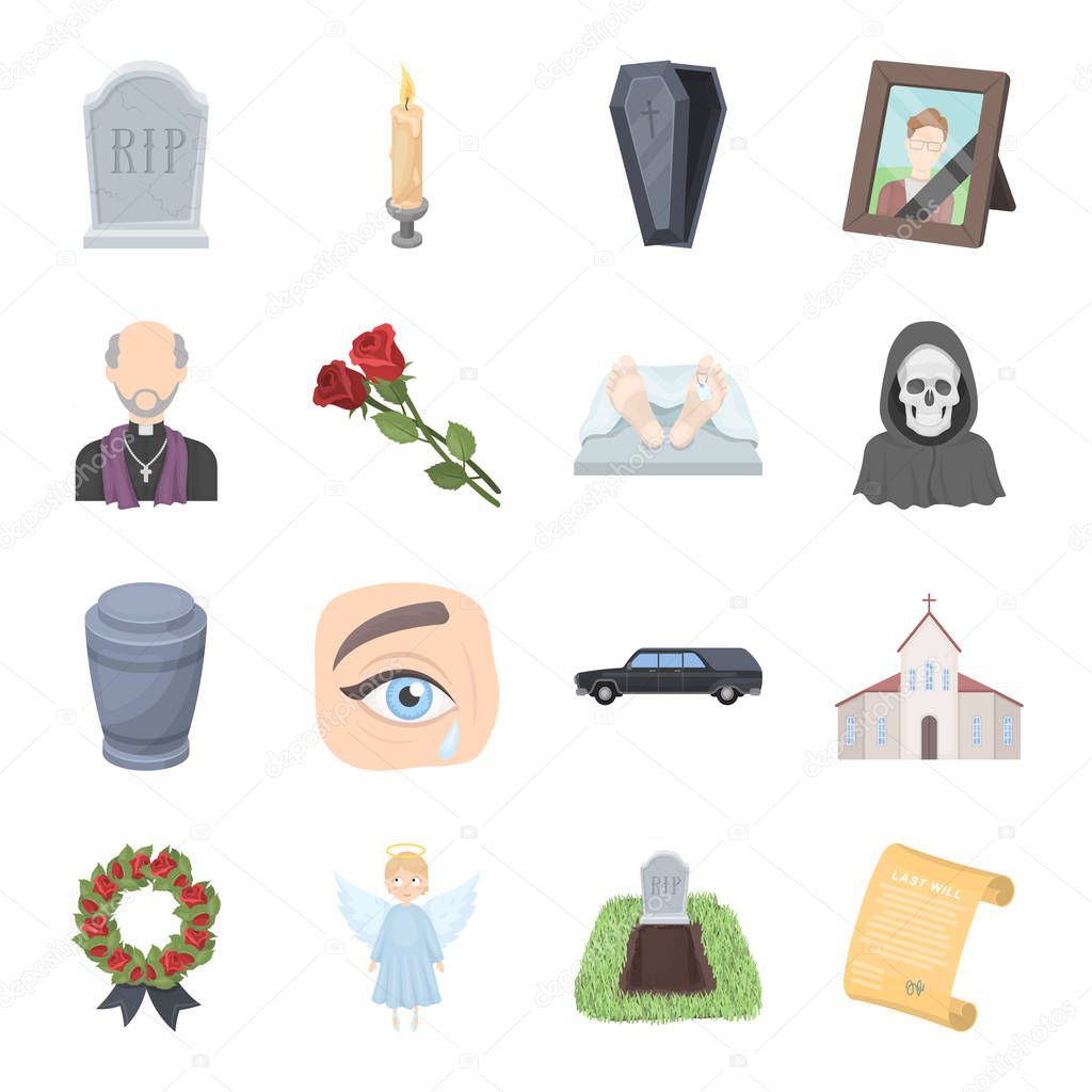 Funeral ceremony set icons in cartoon style. Big collection of funeral ceremony vector symbol stock illustration