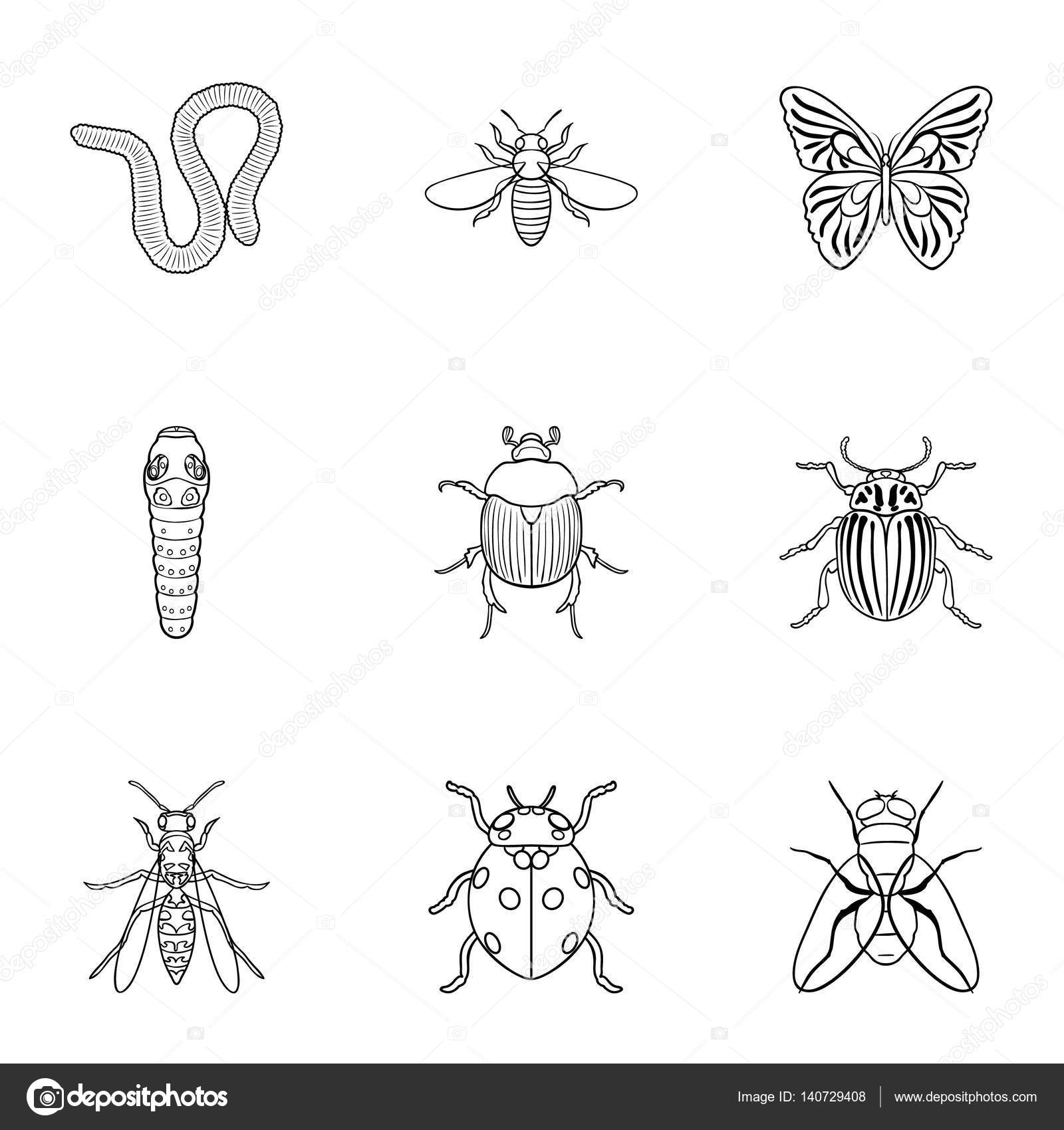 Insects set icons in outline style. Big collection of insects vector ...