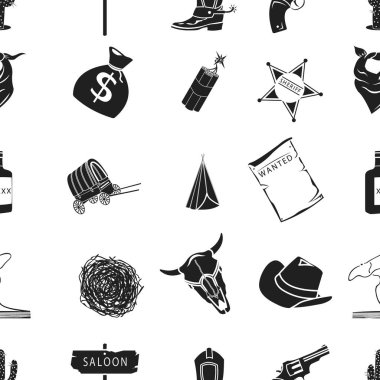 Vahşi Batı desen simgeler siyah stil. Vahşi Batı vektör simge stok çizim büyük toplama