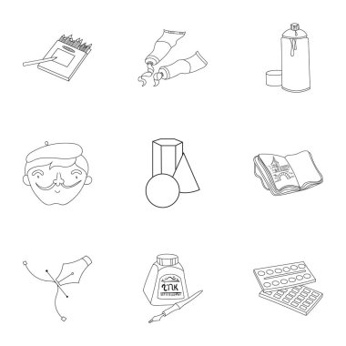 Sanatçı ve çizim set simgeleri anahat tarzı. Sanatçı ve vektör simge stok çizim çizim büyük koleksiyonu