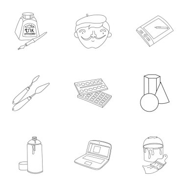 Sanatçı ve çizim set simgeleri anahat tarzı. Sanatçı ve vektör simge stok çizim çizim büyük koleksiyonu