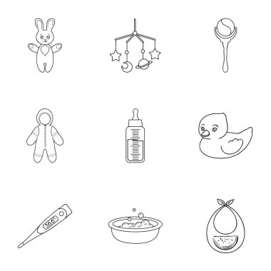 Bebek set simgeleri anahat stilinde tarihi. Vektör simge stok illüstrasyon bebek büyük toplama tarihi