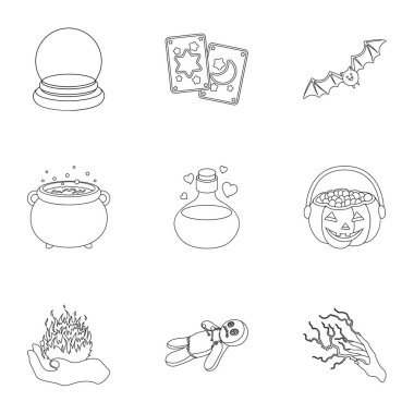 Siyah ve beyaz sihir simgeleri anahat stilinde ayarlayın. Siyah ve beyaz sihirli vektör simge stok çizim büyük toplama