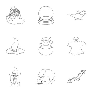 Siyah ve beyaz sihir simgeleri anahat stilinde ayarlayın. Siyah ve beyaz sihirli vektör simge stok çizim büyük toplama