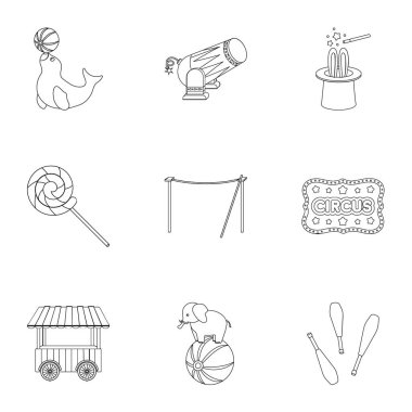 Circus simgelerin anahat stilinde ayarlayın. Sirk vektör simge stok çizim büyük toplama